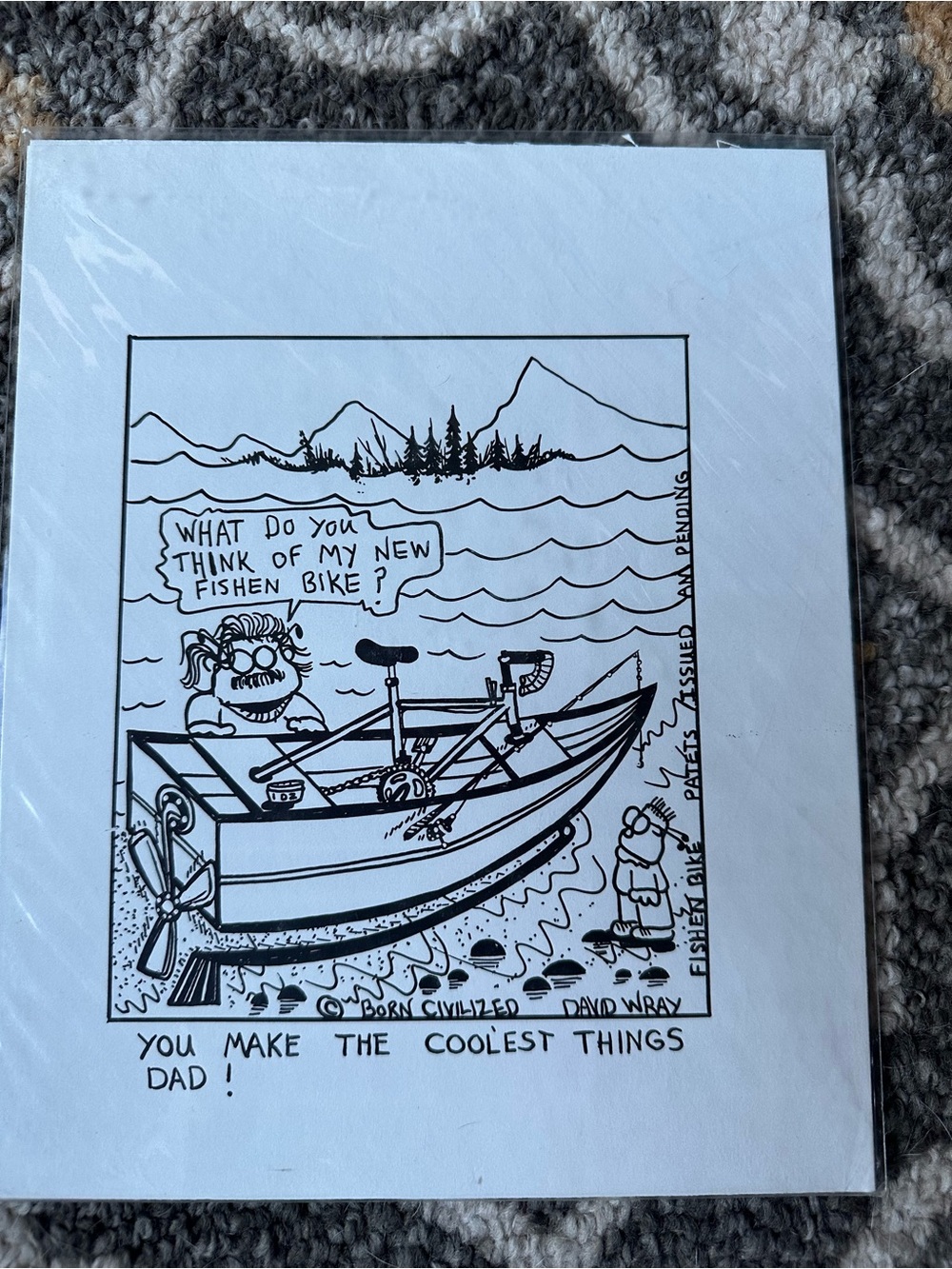 Hand-Drawn Black & White Cartoon Print - Fishing Bike Comic